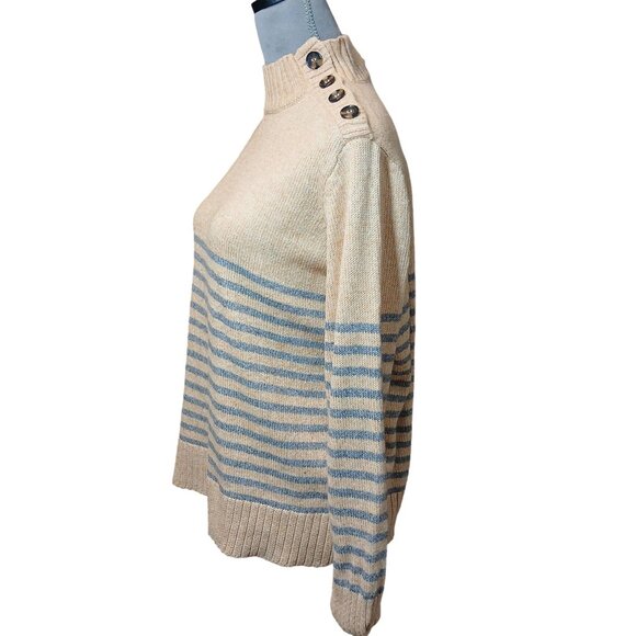 St Johns Bay Womens Mock Neck Sweater Beige Blue Stripe Button Shoulder XL - Picture 2 of 7